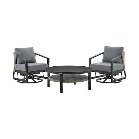 Armen Living Aileen 3 Piece Patio Outdoor Swivel Seating Set in Black Aluminum with Gray Wicker and Cushions 840254332645